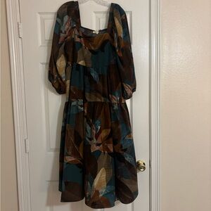 Entro Teal and Brown Floral 3/4 Sleeve Maxi Dress